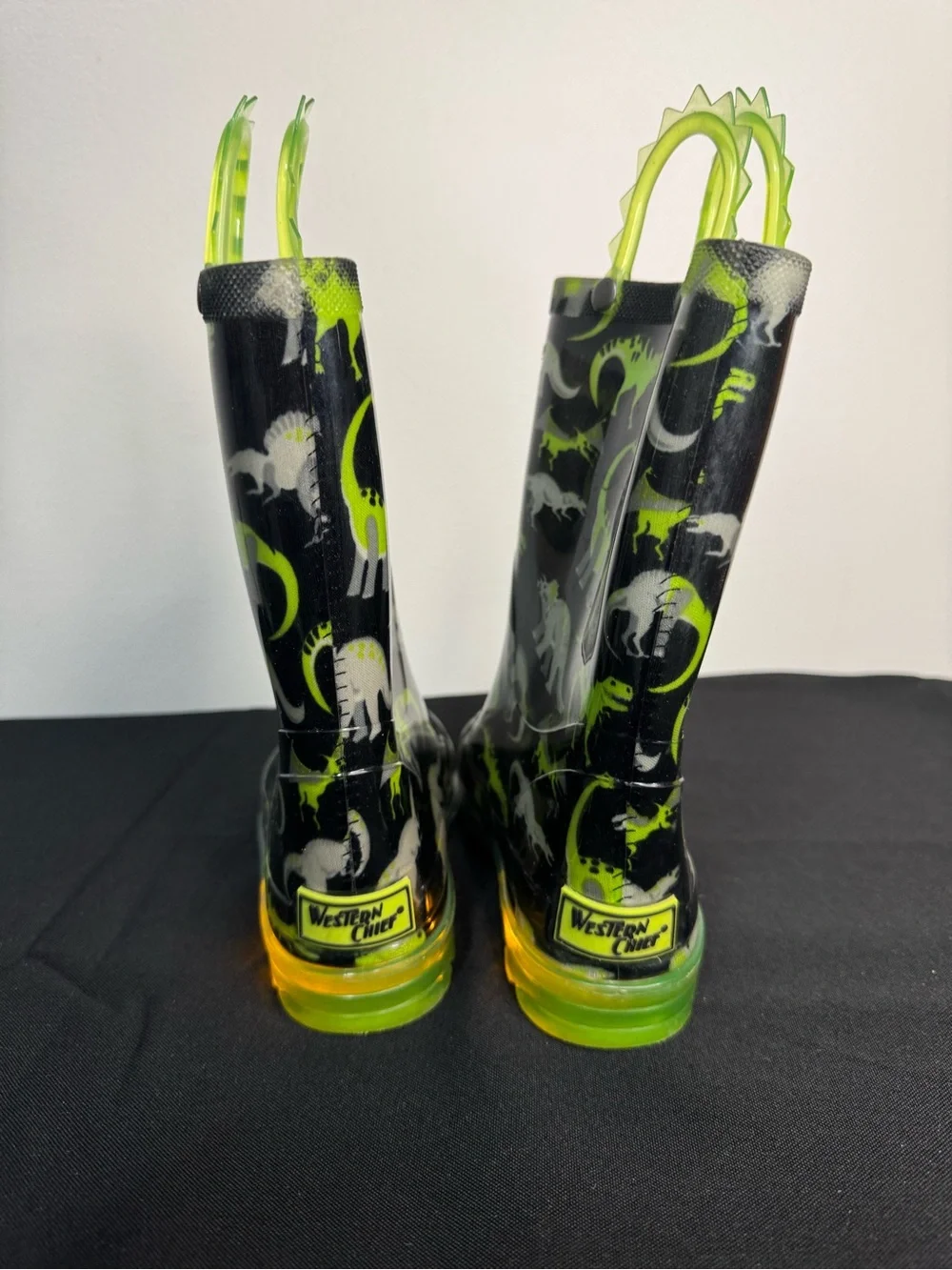 Western Chief Wade Dino Lighted Rain Boots Black Neon Green